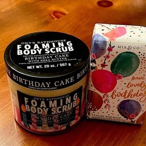 Onyx Bathhouse Birthday Cake Body Scrub & Mia &Co Birthday Bar Soap bundle